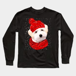 White Maltipoo Wearing Red Hat And Scarf Christmas Long Sleeve T-Shirt